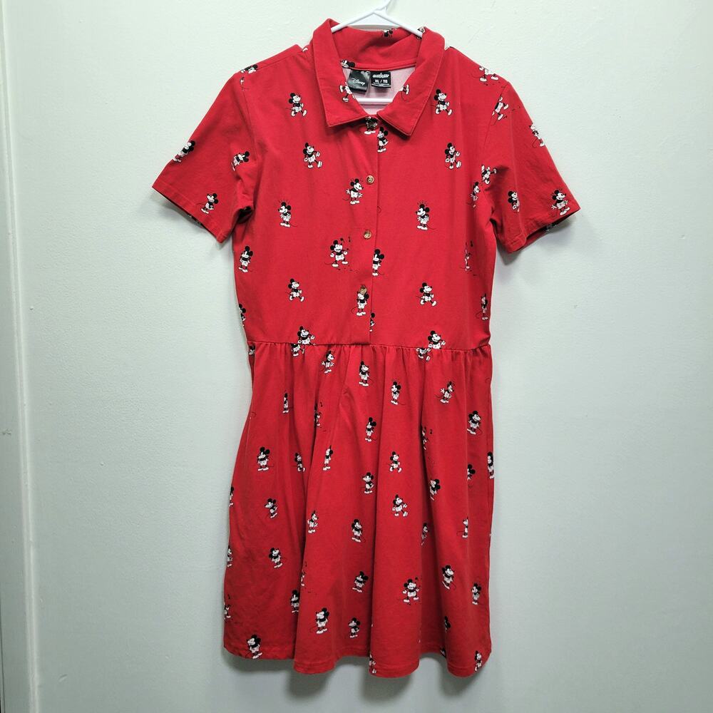 Disney Red Collared Mini Dress with Mickey Print-1 button missing